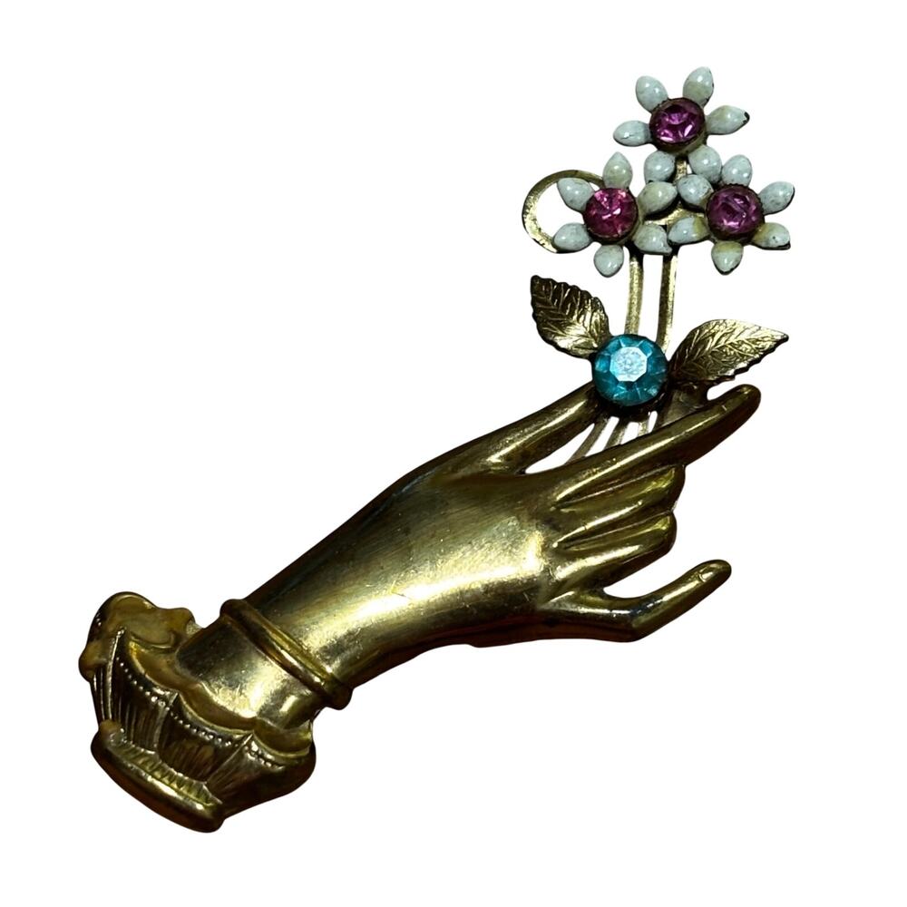 Vintage brooch gold metal hand & flowers design simple hook clasp colored stones